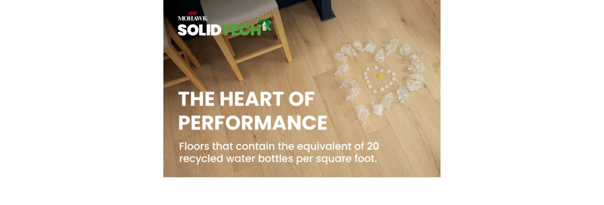 SolidTech Flooring ad featuring water bottles on a new kitchen floor